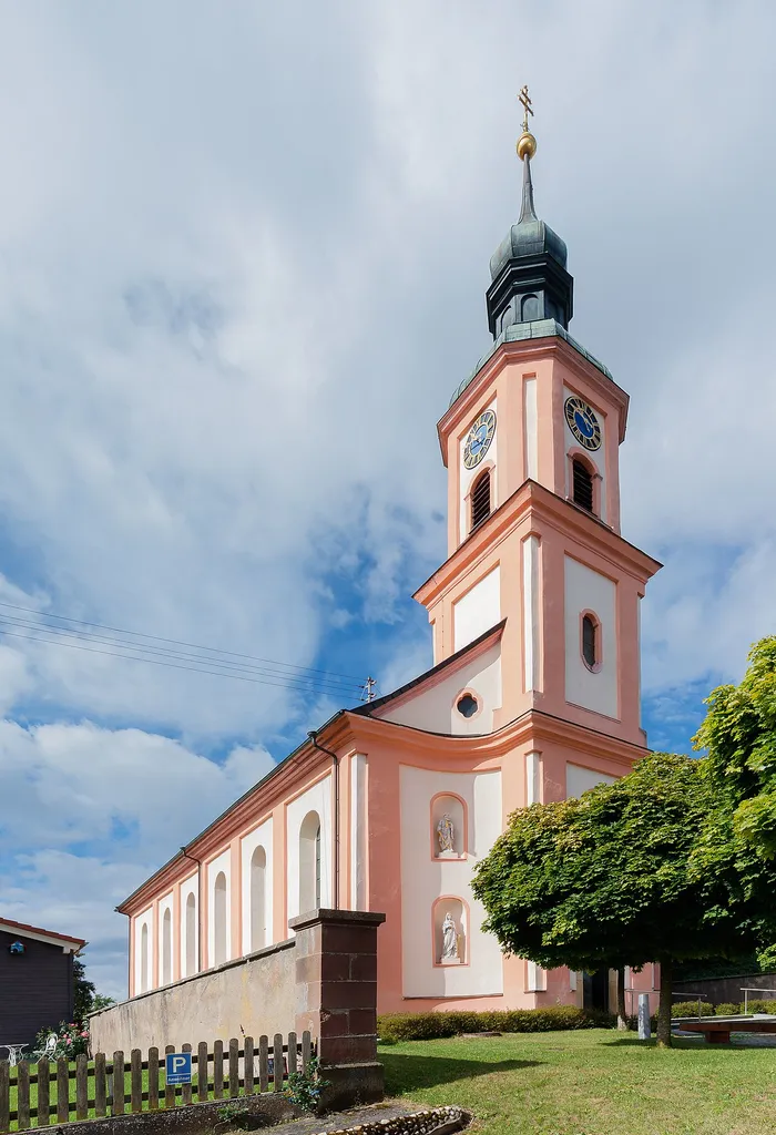 View from east on the parish church St. Georg, built in 1750 - 1751 by Peter Thumb (1681–1767), Hüfingen-Mundelfingen, Baden-Württemberg, Germany.