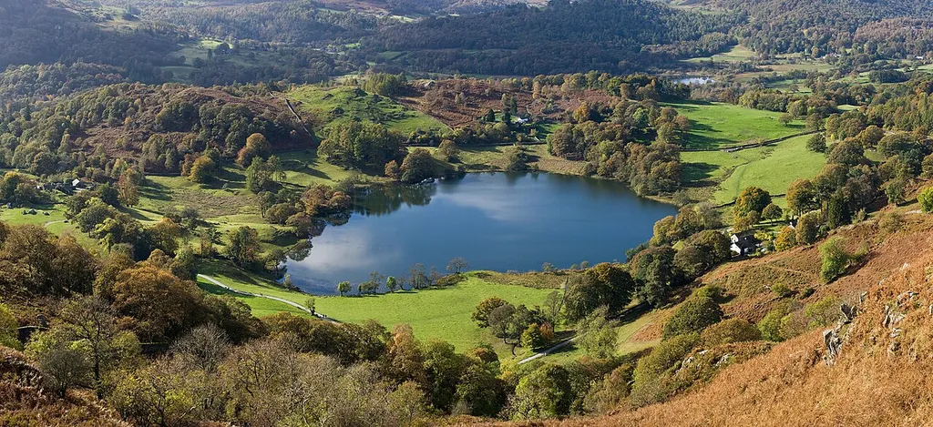 Loughrigg Tarn, as viewed from Loughrigg Fell in the Lake District, England.
