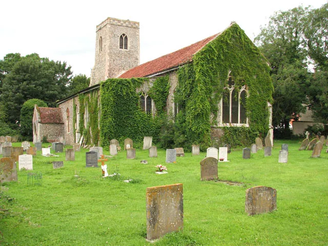 All Saints Church. All Saints church > 1395229 - 1429484 is located in a bend of the B1113 at the north-eastern end of the village. It is kept locked. The church has a 14th century tower but the oldest window is a lancet window in the south aisle, dating from the 13th century. A scratch dial > 1429505 can be seen on the Tudor porch. Restored in the late 19th century, the Jacobean pulpit has survived, and there is a stone coffin lid of Purbeck marble from a time when inscriptions were not used. Fragments of medieval glass > 1429494 were set into one of the south aisle windows. The probably most noteworthy feature of All Saints are the rood screen dados, long since removed from their original place and presently leaning against the south aisle wall. The panels have fine woodcarving and once used to be painted. Only two of these paintings have survived > 1429500 albeit damaged. They are unusual in that they depict religious scenes, rather than saints.