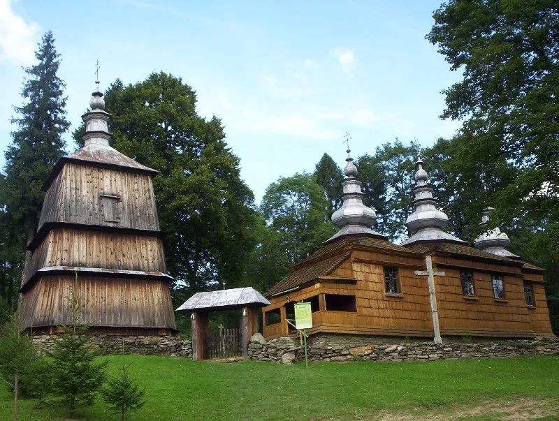 Greek catholic church (Eastern Lemko) and belfry in Rzepedź - Beskid Niski, Poland.