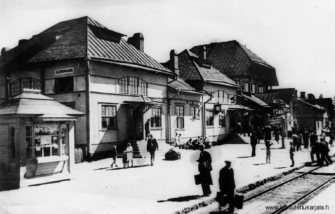 The railway station of Elisenvaara in Kurkijoki (nowadays District of Lakhdenpokhsky, Republic of Karelia, Russia) in the Finnish Karelia ceded to the Soviet Union in 1944. The station building was destroyed in bombings in February 1940.