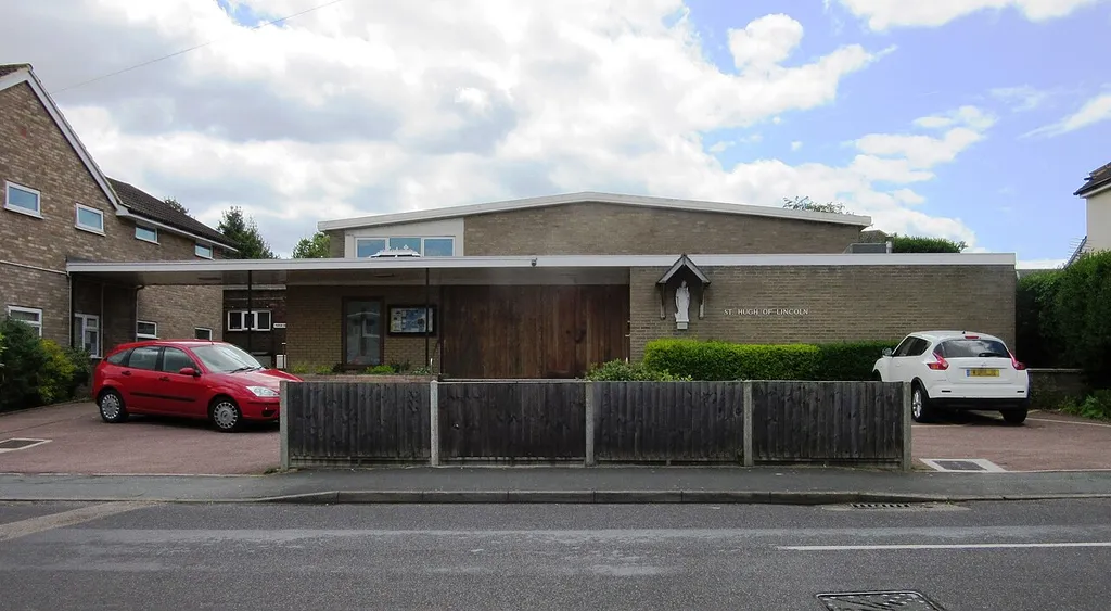 St Hugh of Lincoln's Church, Victoria Road, Knaphill, Borough of Woking, Surrey, England. The Roman Catholic parish church of Knaphill. This replaced a church built in 1908.