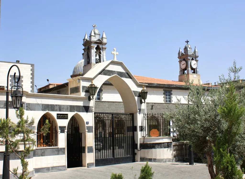 Our Lady of Dormition Melkite Greek Catholic Patriarchal Cathedral, Damascus. The Melkite Greek Catholic Church is an Eastern Catholic Church in full union with the Roman Catholic Church, after an 18th century split from the Greek Orthodox Church of Antioch