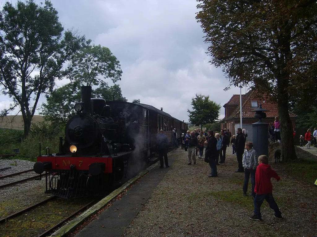 Tourist train of Mariager-Handest Vintage Railroad after arrival in Handest, Denmark. The steam engine was made by Henschel &amp; Sohn in Kassel 1909 with factory nr. 9482.