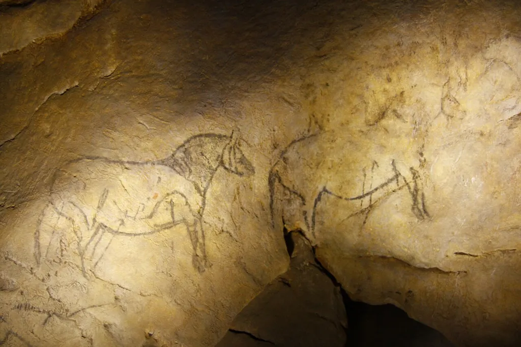 Cave art in Basque country: representation of horses (Pottoka?) on wall in the Ekain cave, municipality of Deba in Guipuscoa.