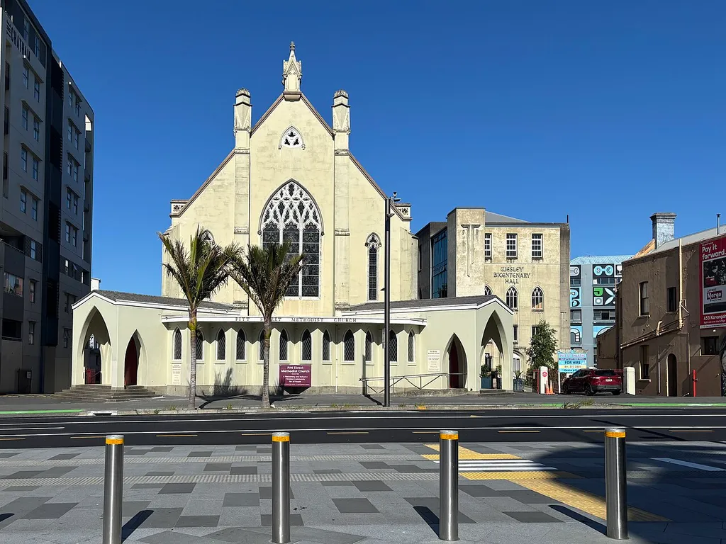 Pitt Street Methodist Church, Auckland, with Wesleyan Bicentenary Hall at right, photographed on 11 December 2025