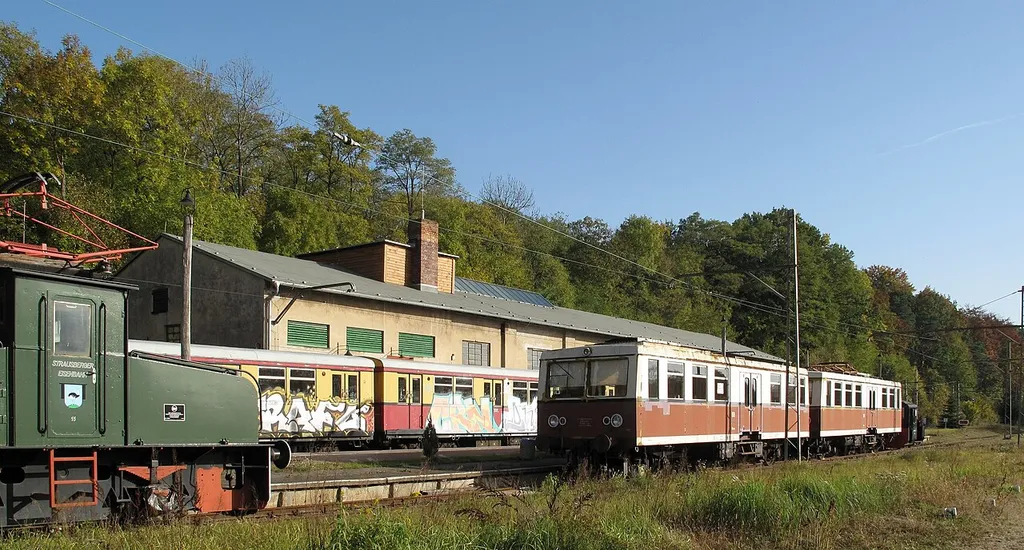 Listed train station in Buckow, District Märkisch-Oderland, Brandenburg, Germany. Listed is the whole ensemble, including some buildings as well as the platform and the station forecourt. The station was opened in 1897 as destination station of the Buckower Kleinbahn, which connected Buckow with the Prussian Eastern Railway in Müncheberg. Since 2002 the railway is operated by a private association as heritage railway in the summer months.