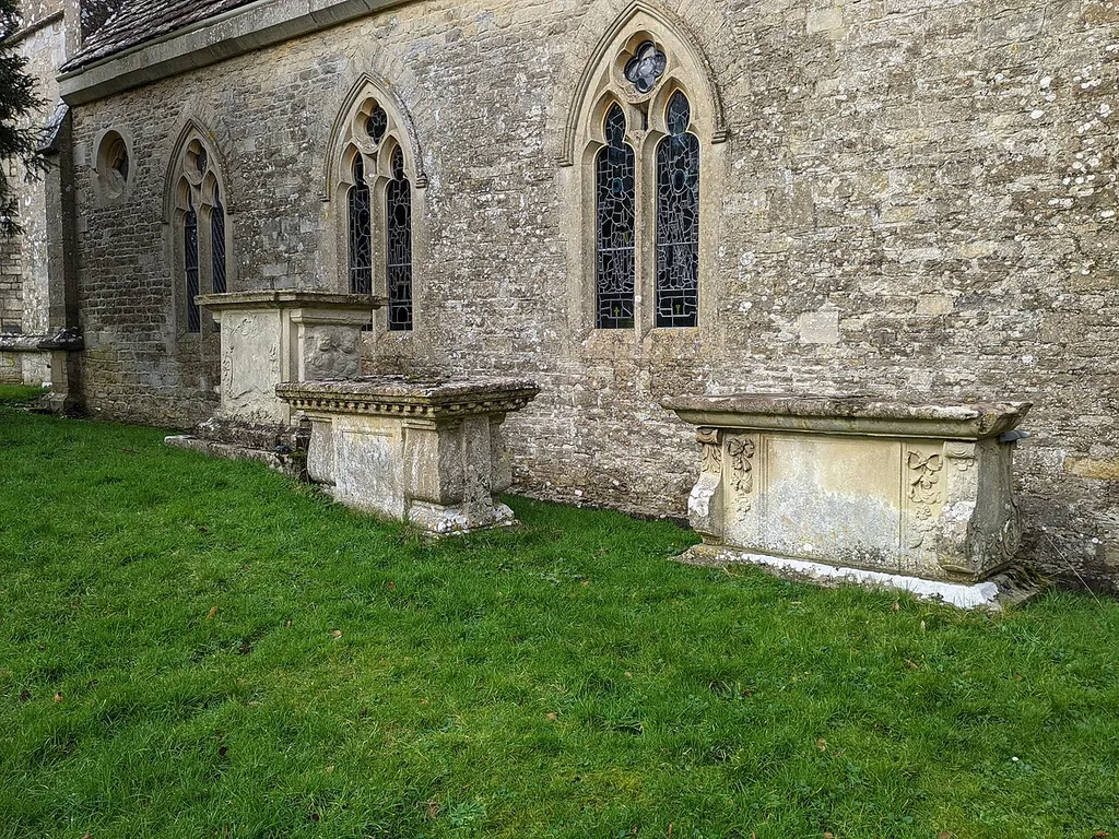 Ball And Two Unidentified Monuments, Immediately South Of Church In Churchyard Of Church Of St John The Baptist (monument in Kingscote, Cotswold, Gloucestershire, UK)