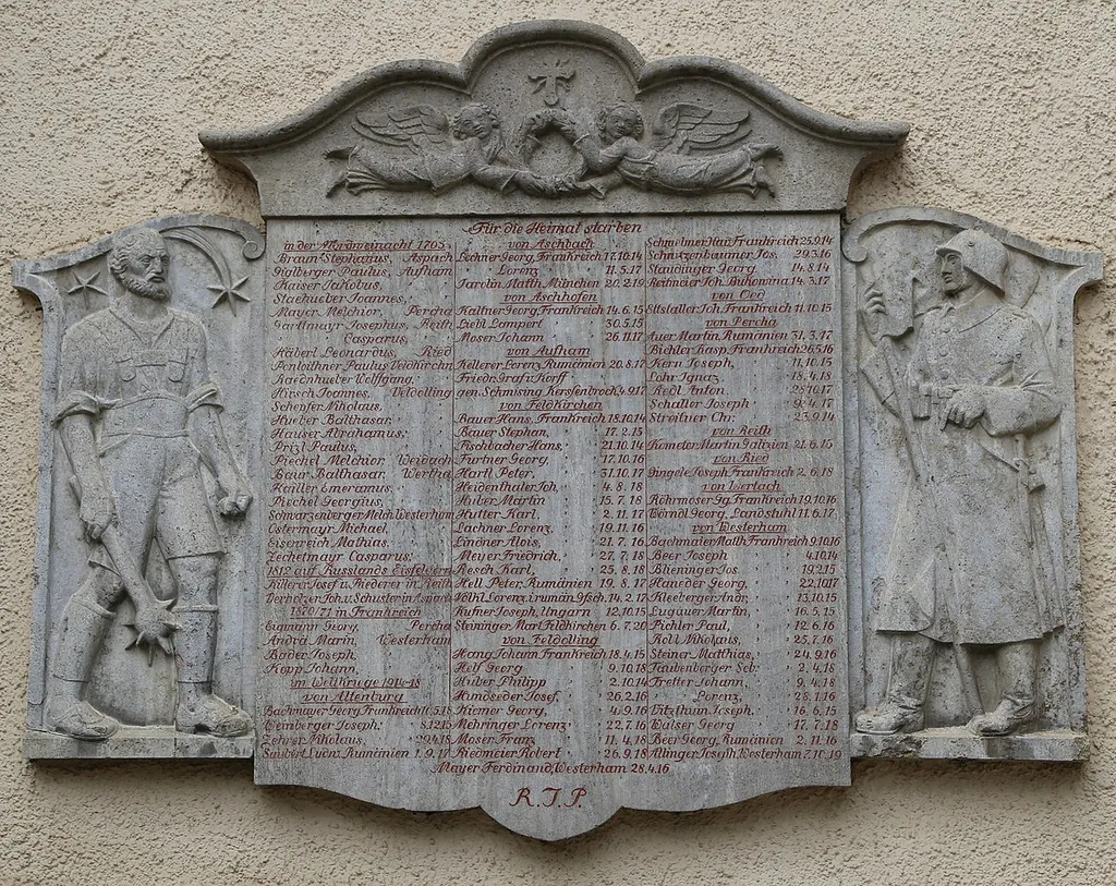 Münchener Straße 2, Feldkirchen-Westerham; Katholische Pfarrkirche St. Laurentius, Kriegerdenkmal für die Gefallenen der Mordweihnacht von 1705, des Russlandfeldzugs von 1812, des Krieges 1870/71 und des Ersten Weltkrieges, Kalksteinrelief, um 1918 This is a picture of the Bavarian Baudenkmal (cultural heritage monument) with the ID D-1-87-130-2 (Wikidata)