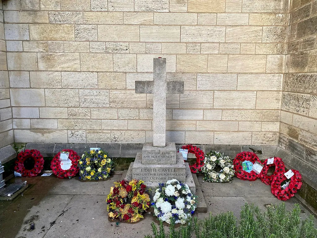 The grave of Edith Cavell at Norwich Cathedral. Inscribed: "To the pure and holy memory of Edith Cavell, who gave her life for England". October 12th 1915."