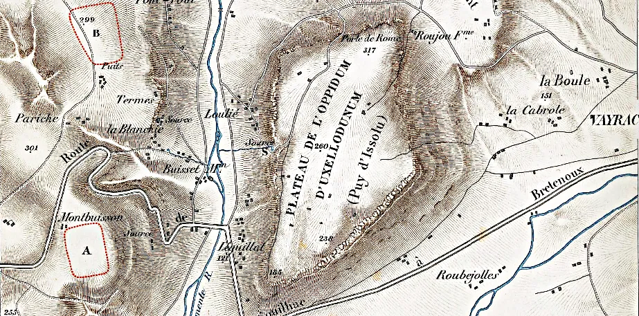 Plan d'Uxellodunum se trouvant dans le livre : Napoléon III, Histoire de Jules César, tome 2 - planche 29 (extrait) - 1866