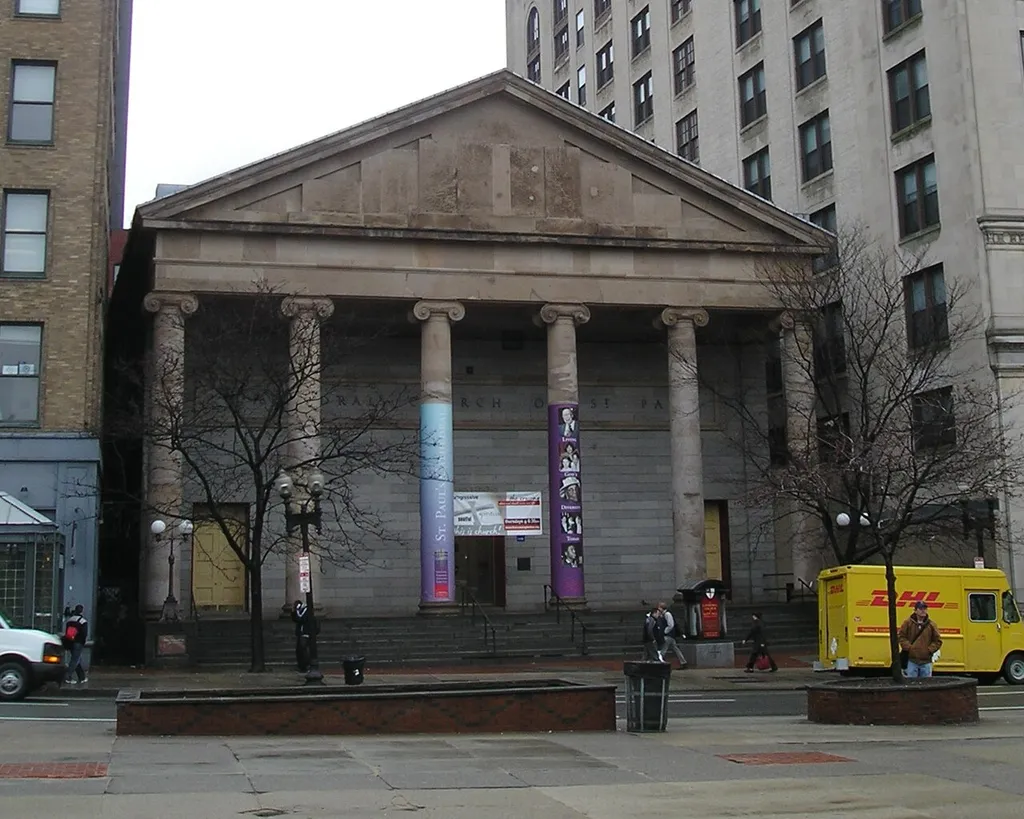 The Cathedral Church of St. Paul across the street from Park Street station in downtown Boston, Massachusetts as photographed from the Boston Common 05 February 2008. This is an image of a place or building that is listed on the National Register of Historic Places in the United States of America. Its reference number is 70000730 (Wikidata).