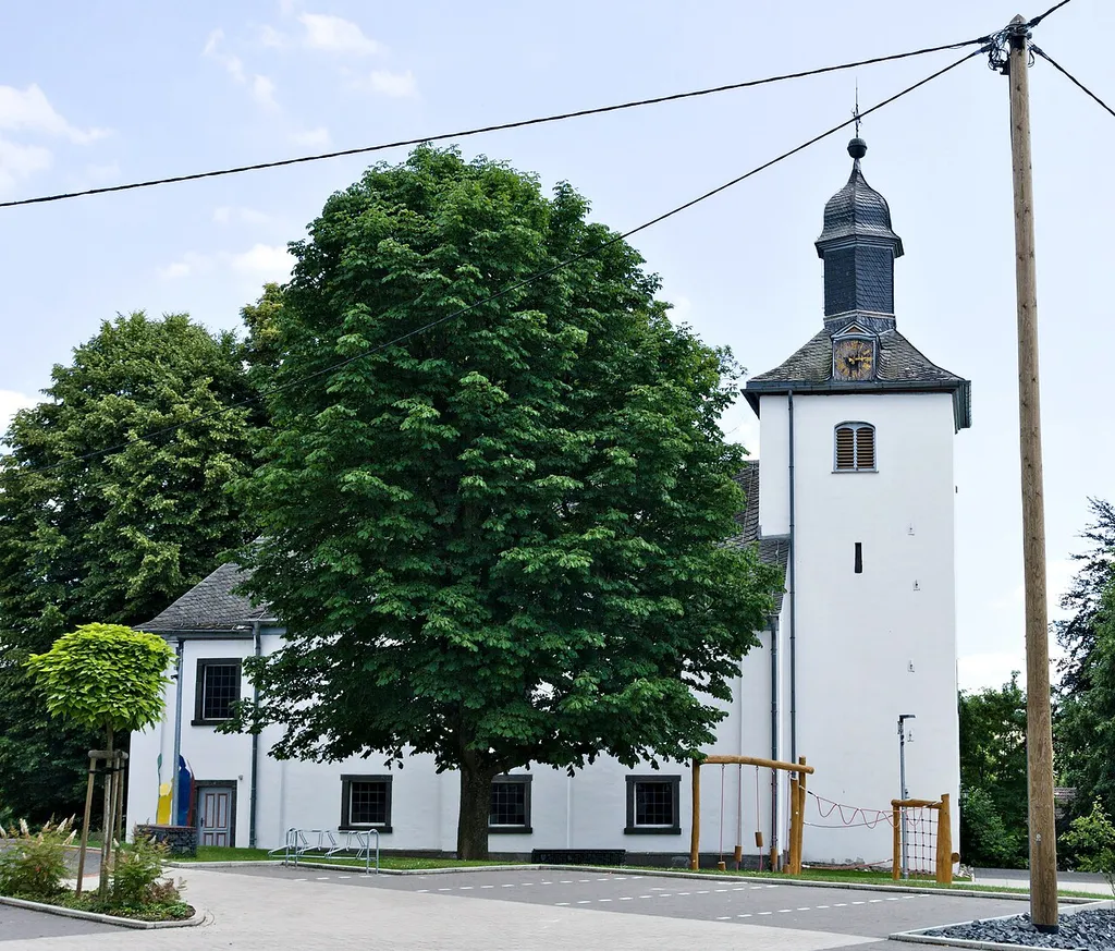Cultural heritage monument: Protestant church, errected 1792-95. In Pfarrstraße, Oberdreis, Westerwald, Germany. Seen from northnortheast.