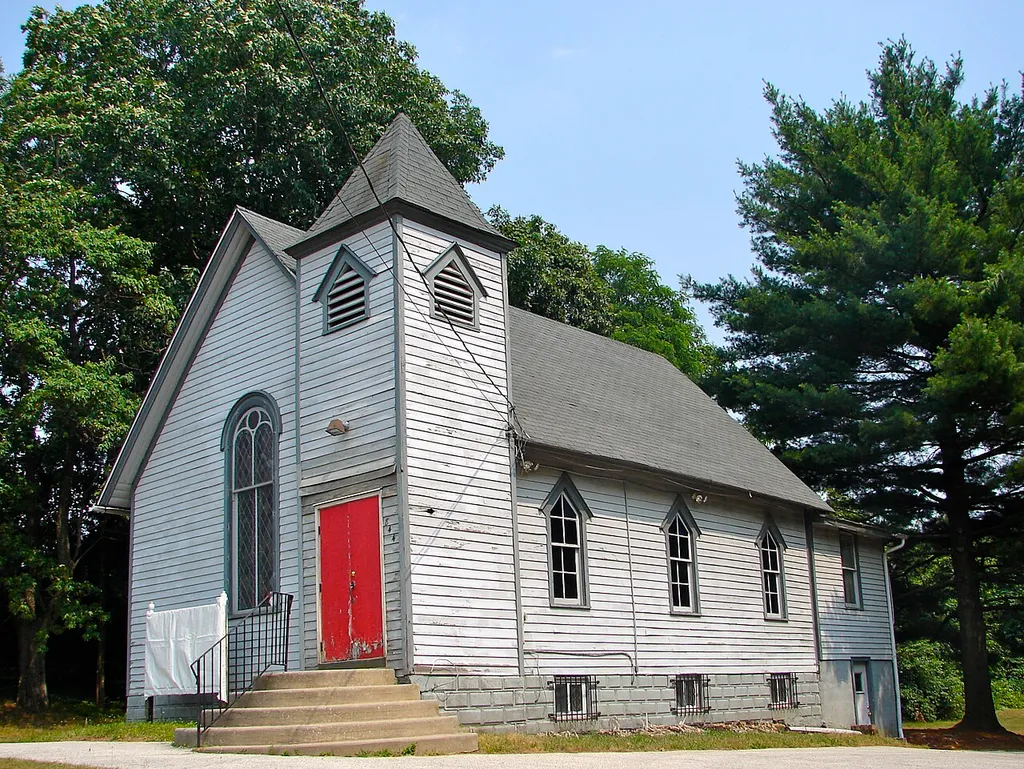 Solomon Wesley United Methodist Church on the NRHP since April 10, 1989. (Formerly) at 291-B Davistown Rd./Asyla Rd. (I believe the numbering system has been modified in the area), Blackwood, Camden County, New Jersey. Coord given is about 40 yards west of church. Style listed is "Greek Revival" which probably applies only to front window. Obviously a few minor questions on whether this is the proper church, but I'm 90%+ sure this is it.