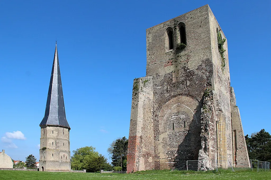 Towers of the former Saint-Winoc abbey built, destroyed and rebuilt between the 13th and 18th centuries in: Bergues (Nord department, France).