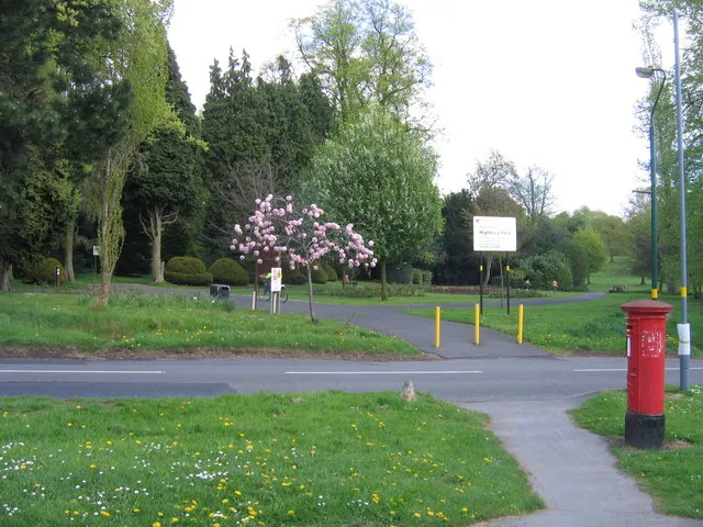 Highbury Park, Moor Green Lane Entrance &amp; Pillar Box Just where Moor Green Land and Shuttlock Road meet.