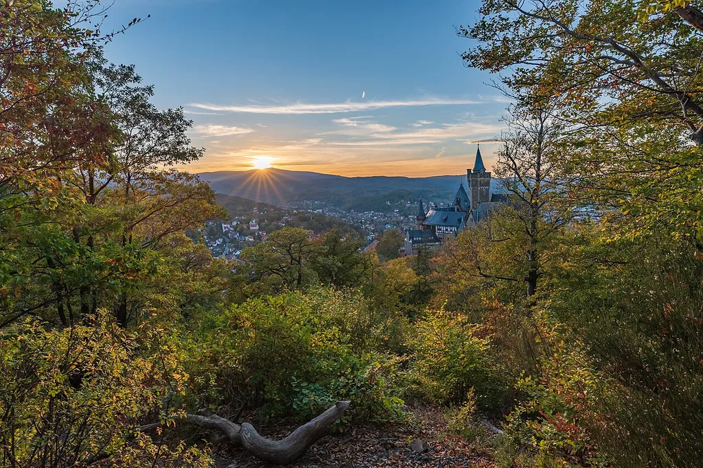 The Agnesberg (395 m above sea level) is situated around Wernigerode Castle. The forest in the foreground is part of the protected landscape area "Harz und Vorländer", the special area of conservation (habitats directive) "Laubwaldgebiet zwischen Wernigerode und Blankenburg" and of the special protected (bird) area "Vogelschutzgebiet zwischen Wernigerode und Blankenburg". From there visitors have a great view to Nationalpark Harz in the background.