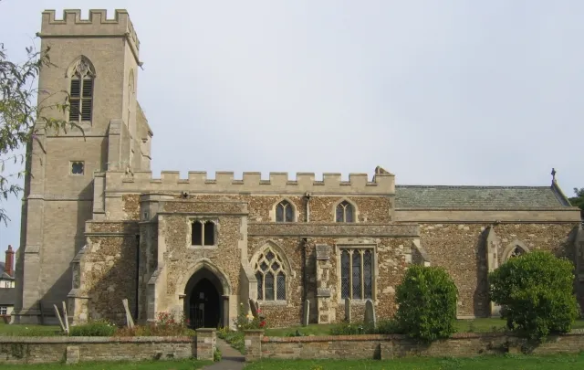 Parish church, Dunton, Beds. View from Chapel St from the south; dedicated to St Mary Magdalene, the stone building is in the Early English, Decorated and Perpendicular styles, consisting of chancel, nave of four bays, aisles, and an embattled western tower, containing 5 bells (hung in 1887 in commemoration of the jubilee of Queen Victoria), and south porch.