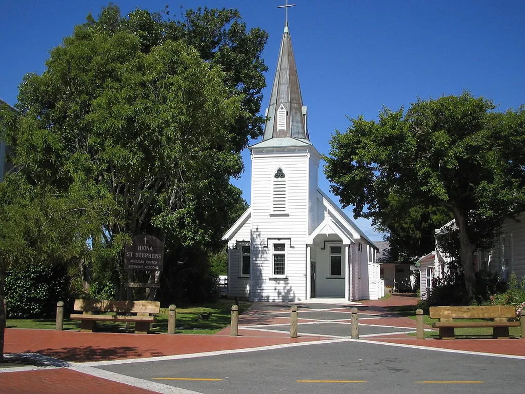 Opotiki is a town in the Bay of Plenty area on New Zealand. This is Hiona St Stephen's Anglican Church, completed by Reverend Karl Volkner in the 1860s. New Zealand Historic Places Trust Register number 142.