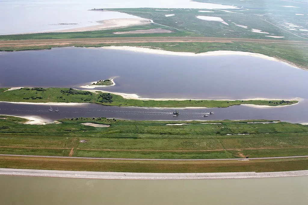 Flug Pilsumer Leuchtturm nach Borkum; Flughöhe 1500 ft; Juli 2010; Originalfoto nachbearbeitet: Tonwertkorrektur und Bild geschärft mit Hochpassfilter