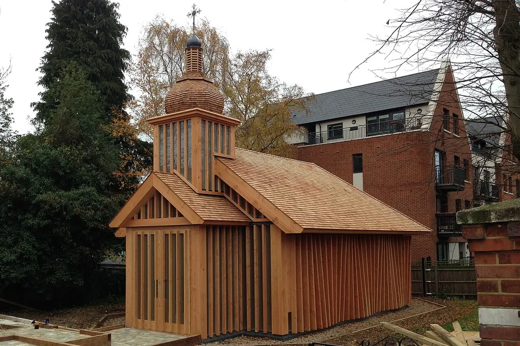 Church of St Cyril of Turaŭ and All the Patron Saints of the Belarusian People, Woodside Park, London N12, seen from Holden Avenue on the day the building fence was removed after the building's completion