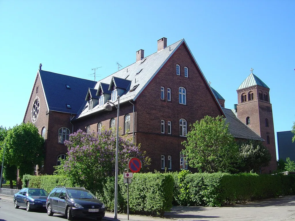 Sankt Annæ Kirke - a Danish Catholic Church located on Amager, Copenhagen. Seen from Hans Bogbinders Allé / Amagerbrogade.