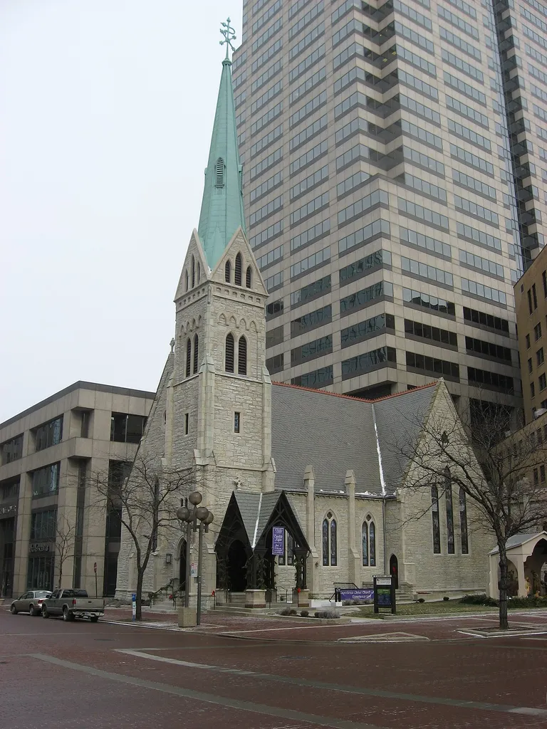 Exterior of Christ Church Cathedral, located at 131 Monument Circle in Indianapolis, Indiana, United States. Built in 1857, it is listed on the National Register of Historic Places, and it is a contributing property to the Register-listed Washington Street-Monument Circle Historic District.