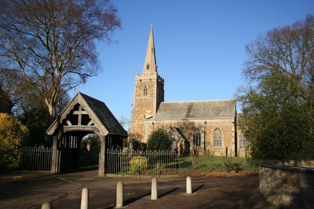 Church of England parish church of All Saints, Barrowby, Lincolnshire, with the lych gate to its churchyard.