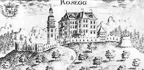 Burg Rosegg im Rosental, Kärnten. Darstellung von J.W. Valvasor, um 1688.