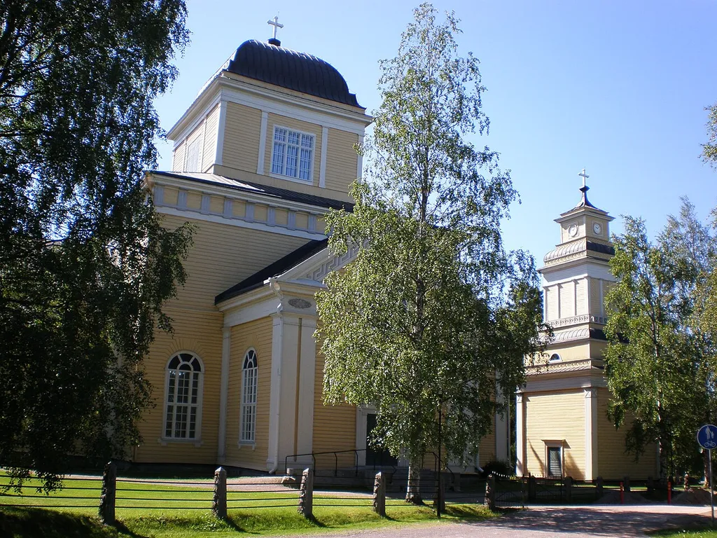 Karstula Church and belfry in Karstula, Finland. The church was designed by Anders Fredrik Granstedt, and it was built in 1851–1853. The belfry was built in 1815.