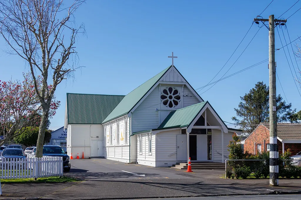 Our Lady of the Immaculate Conception Church in Ellerslie, Auckland, seen from across the street.
