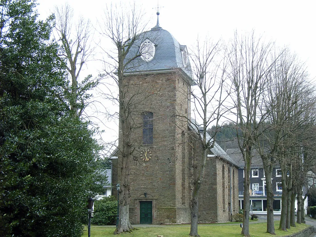 Protestant church of Hülsenbusch, district of Gummersbach, North Rhine-Westphalia, Germany. Rebuilt 1765 (nave) / 1798 (spire) by Christian Kleinjung after demolition by fire.