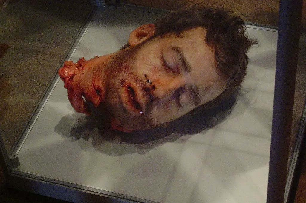 Model of a severed head from an unidentified film displayed at the London Film Museum.