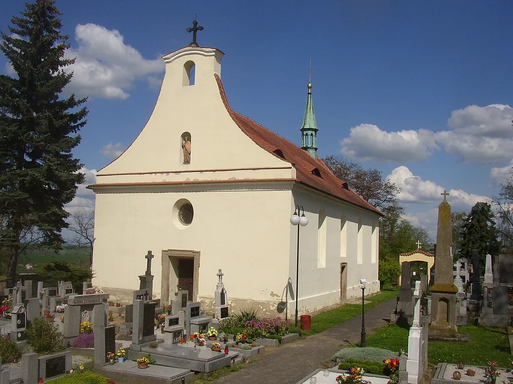 Tuřany, Kladno District, Czech Republic. Pilgrimage church of the Assumption. A view from the southwest, from belfry entrance.
