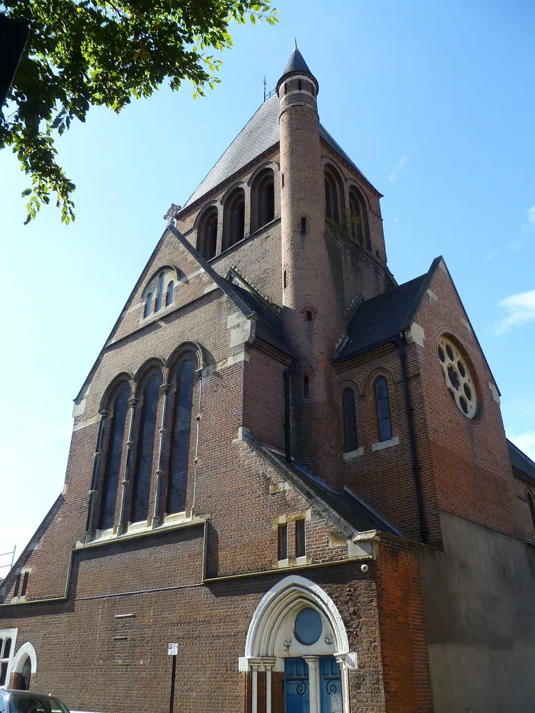 Chancel and east tower of Holy Trinity parish church, Dalston, London, seen form the northeast from Cumberland Close