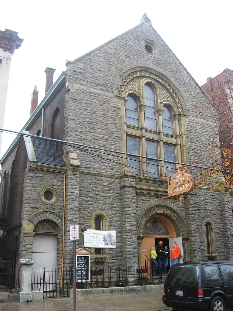 Front of the First German Methodist Episcopal Church (now Nast Trinity United Methodist Church), located at 1310 Race Street in the Over-the-Rhine neighborhood of Cincinnati, Ohio, United States. Built in 1881, it is listed on the National Register of Historic Places, and it is part of the Register-listed Over-the-Rhine Historic District.
