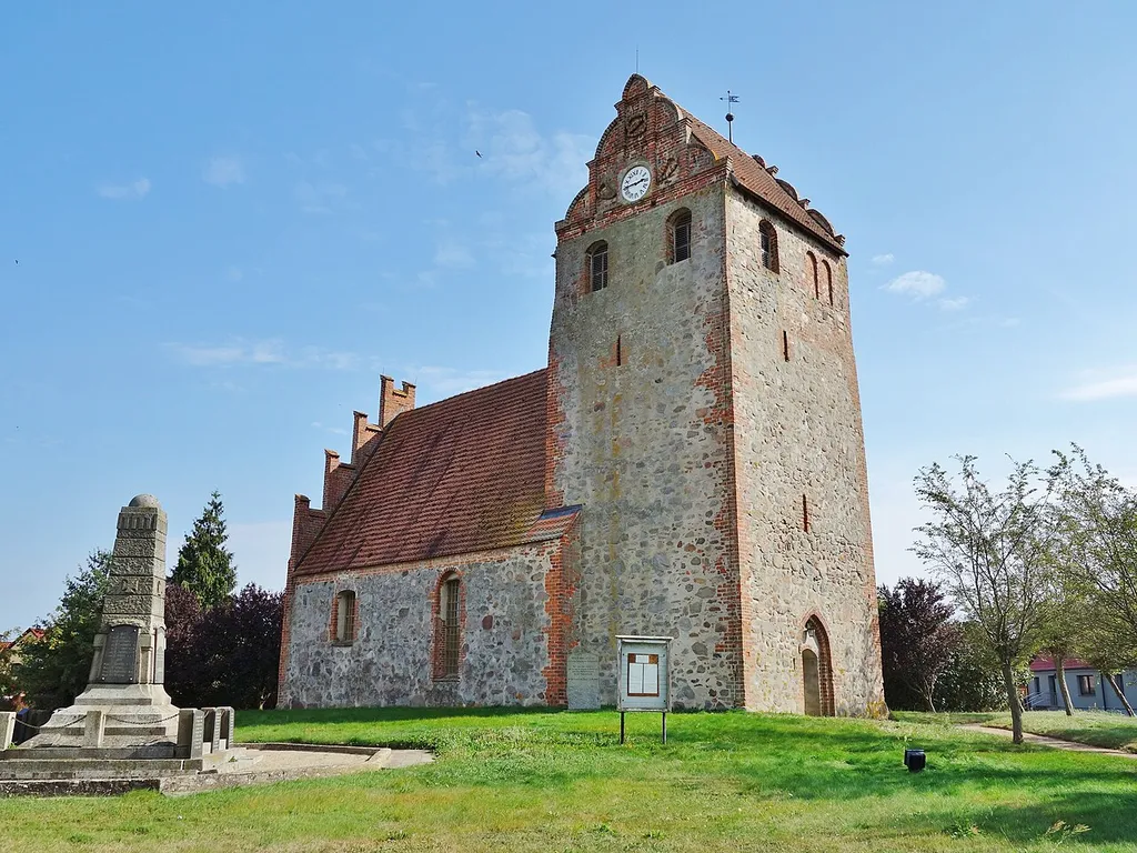 Western view of the church in Wulfersdorf, Wittstock /Dosse municipality, Ostprignitz-Ruppin district, Brandenburg state, Germany.