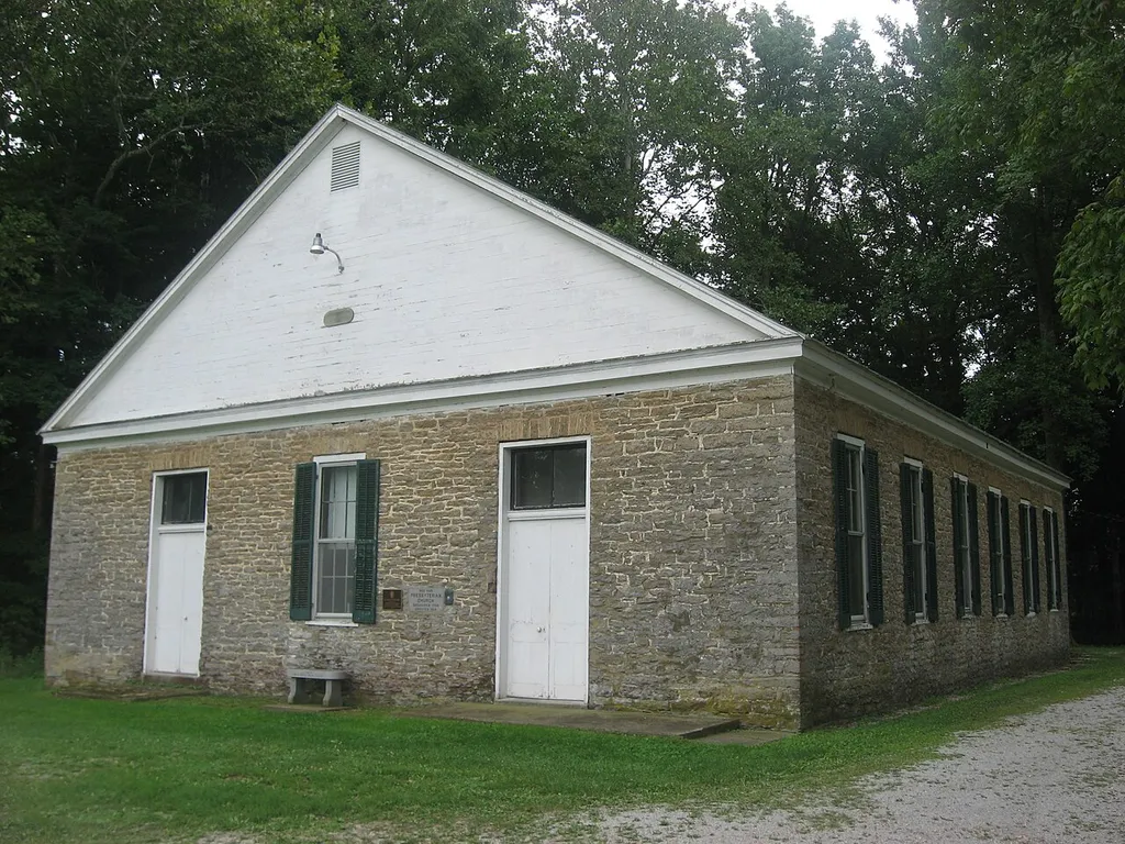 Front and western side of the Red Oak Presbyterian Church, located on Cemetery Road north of Ripley in Union Township, Brown County, Ohio, United States. Built in 1817, it is listed on the National Register of Historic Places.