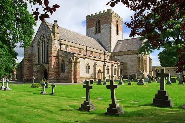 At only 182 feet in length it is the smallest cathedral in England and Wales. Begun in about 1239, it suffered greatly from its proximity to the main invasion route into North Wales. In 1282 it was burnt by Edward I's English soldiers, and rebuilt between 1284 and 1381, only to be burnt again in 1402 by Owain Glyndwr's Welsh troops. It was repaired in the late C15, and thoroughly remodelled by Gilbert Scott in 1867-75.