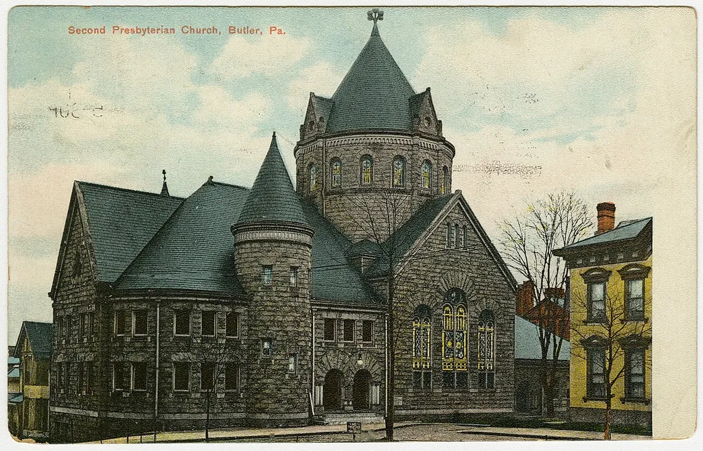 Second Presbyterian Church in Butler, Pennsylvania from a pre-1923 postcard From RG 428, Postcard Collection, Presbyterian Historical Society, Philadelphia, Pennsylvania.