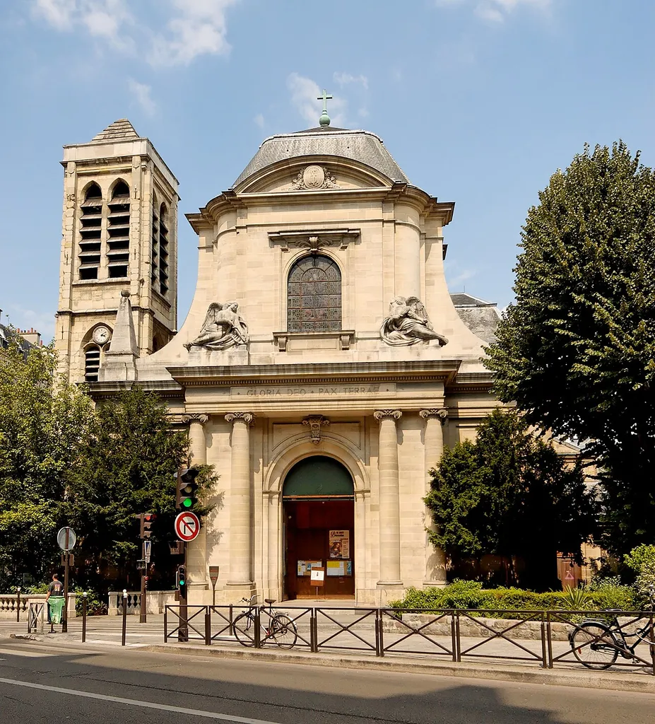 Façade of the catholic church Saint-Nicolas-du-Chardonnet, built in the 16th-17th centuries. Rue des Bernardins, Paris
