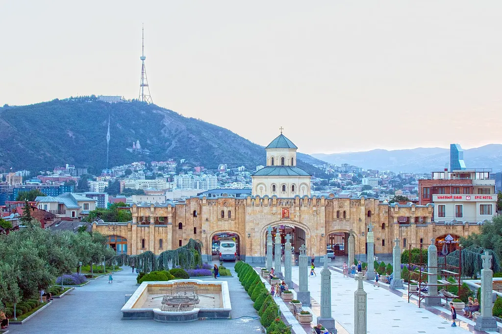 Entrance of the St. Trinity Cathedral of Tbilisi, looking at Mount Mtatsminda