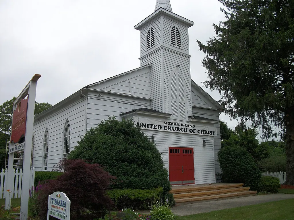 The historic former Middle Island Presbyterian Church on New York State Route 25 in Middle Island, New York, now owned by the United Church of Christ.