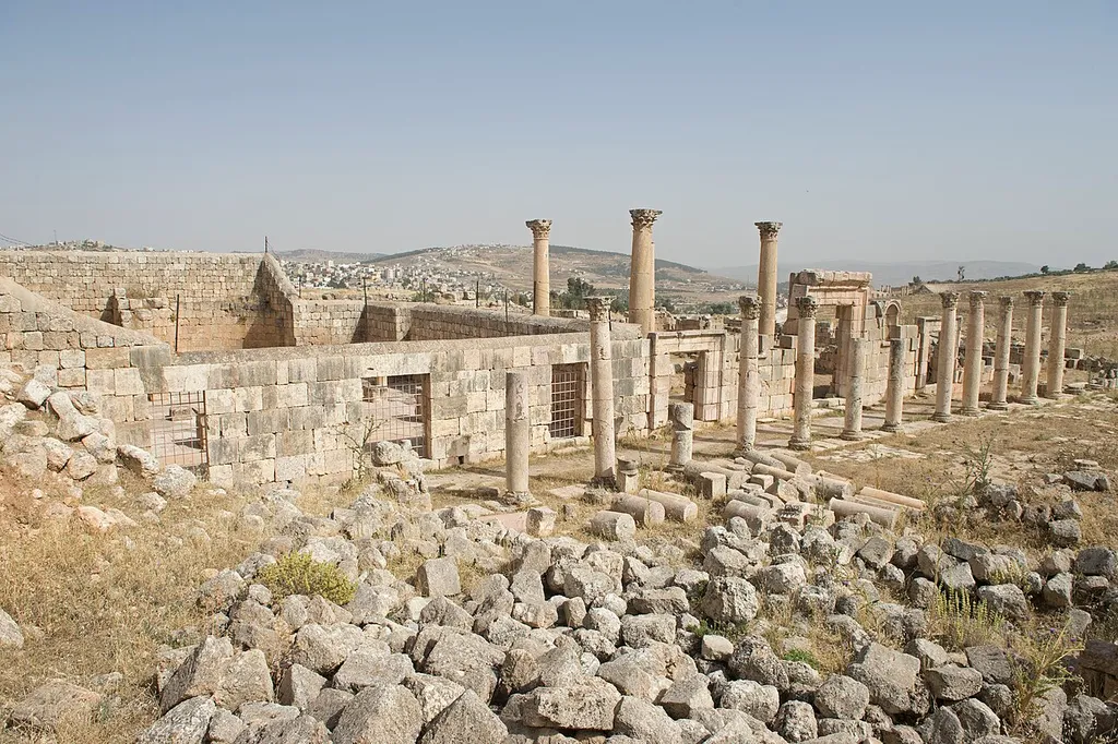 The complex seen from the southwest. The tall columns are in the St. John's, the walls to the left a those of the SS. Cosmas and Damian.