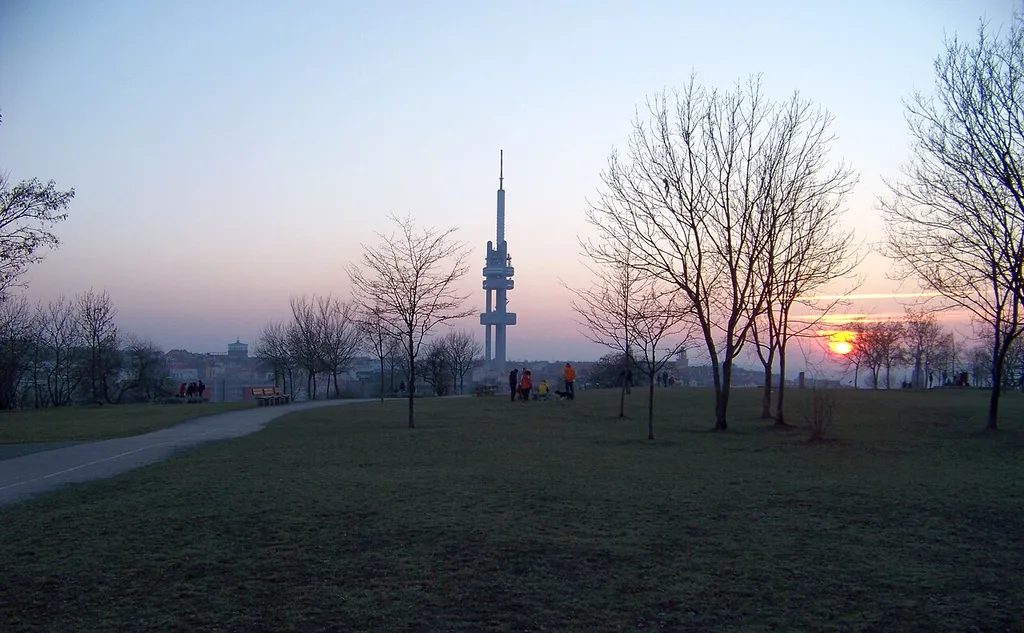Prague-Žižkov, the Czech Republic. Parukářka park, a view of Žižkov Television Tower.