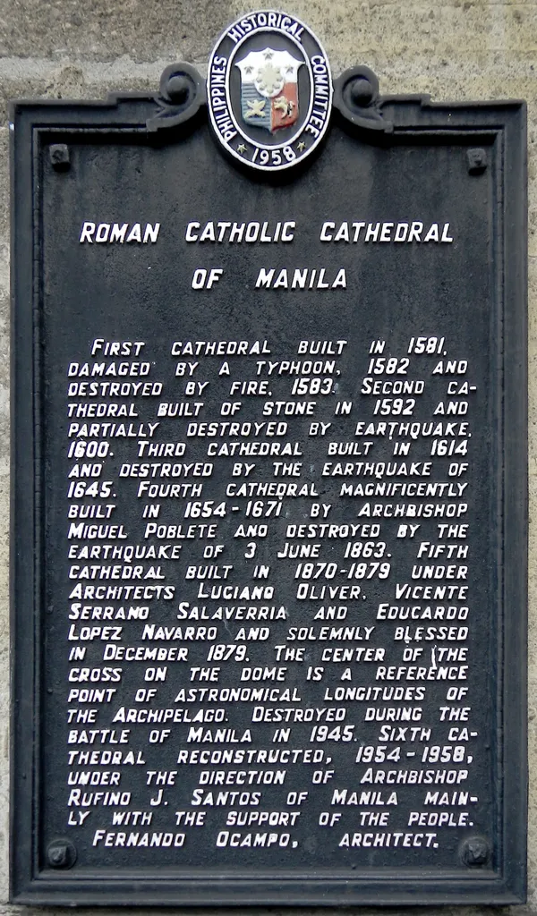 Historical marker created by the Philippines Historical Committee in 1958 to commemorate Manila Cathedral