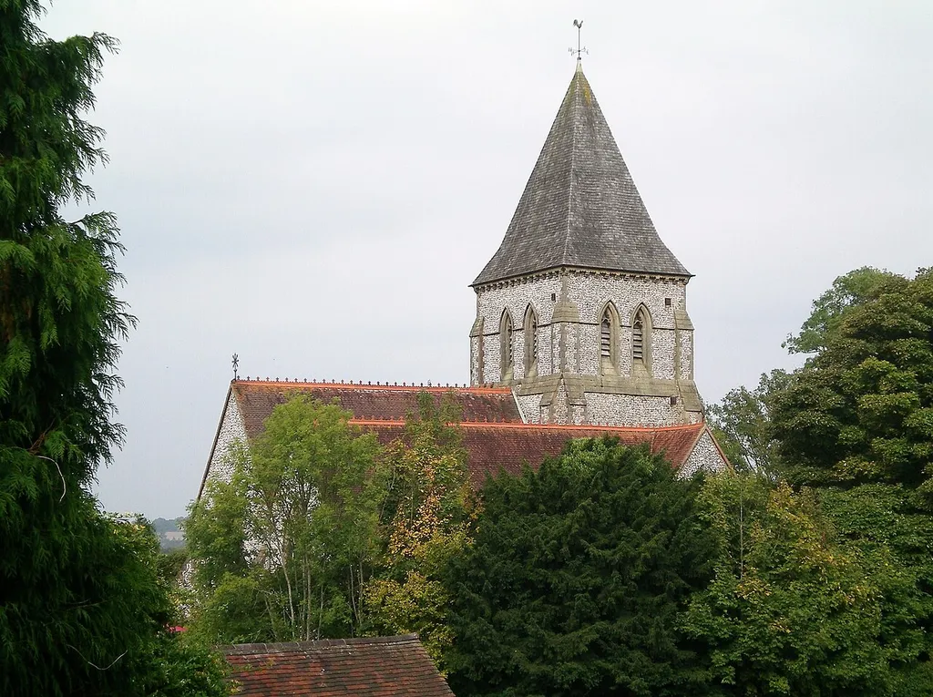 Rooftop view of St Peter's parish church, Offham, East Sussex, seen from the south