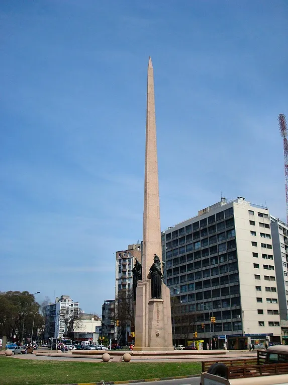 The "Obelisk of Montevideo" located at the intesection of Artigas Boulevard and 18 de Julio Avenue. Its official name is Obelisco a los consituyentes de 1830.