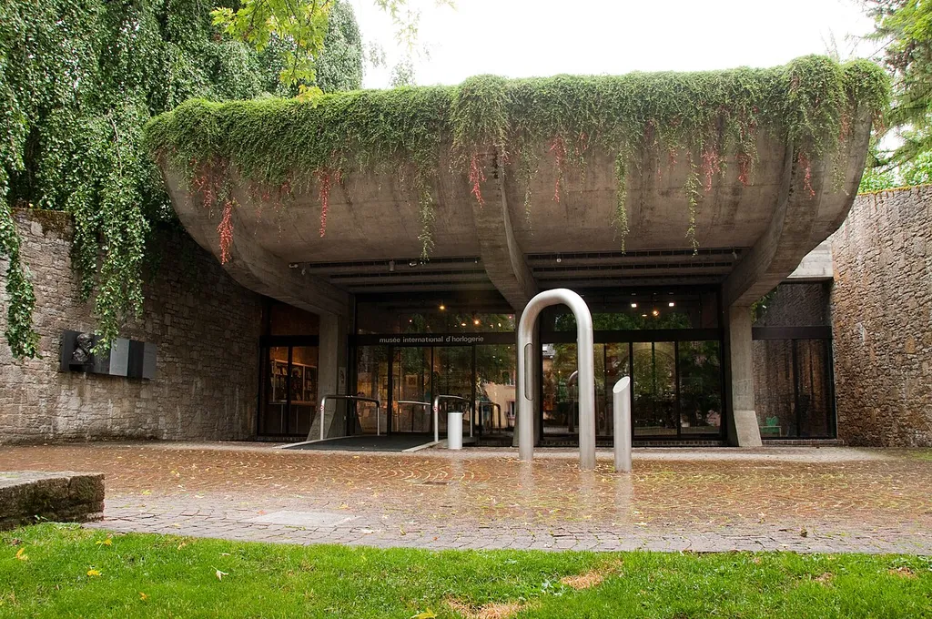 A photo of the main entrance of the International Watch Industry Museum in the town of La Chaux de Fonds, Switzerland