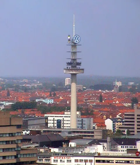 Former communication tower, now used for an advertisement for Volkswagen (VW-Tower), seen from the tower of the town hall